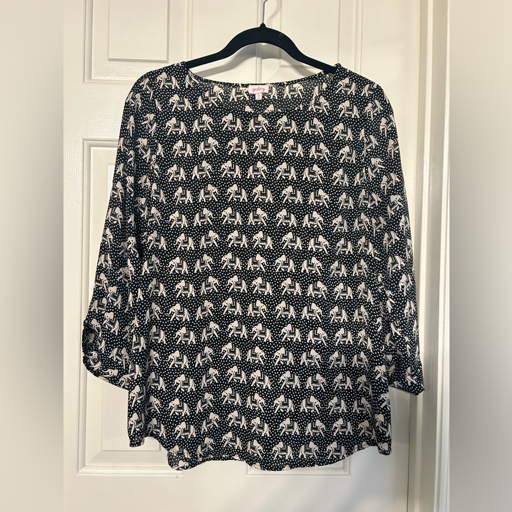 Pixley Large Black/ Tan Elephant Print Tab Sleeve Blouse